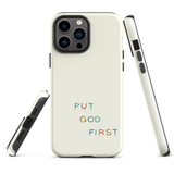 Faith-inspired iPhone cover showcasing the phrase 'PUT GOD FIRST' against a soft, cream background, reflecting a modern Christian aesthetic sideview