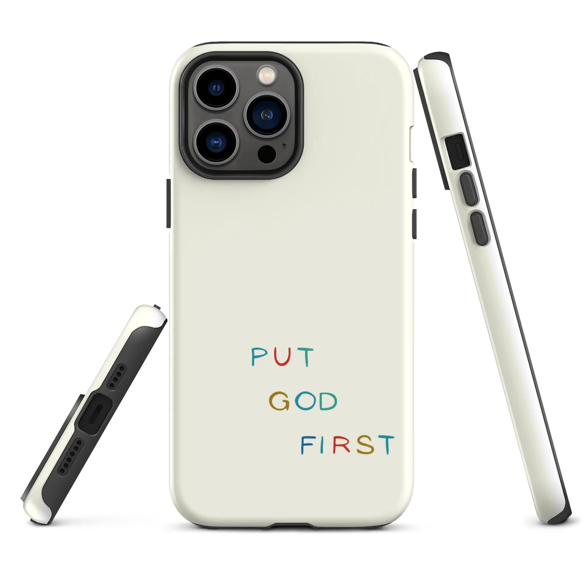 Faith-inspired iPhone cover showcasing the phrase 'PUT GOD FIRST' against a soft, cream background, reflecting a modern Christian aesthetic sideview