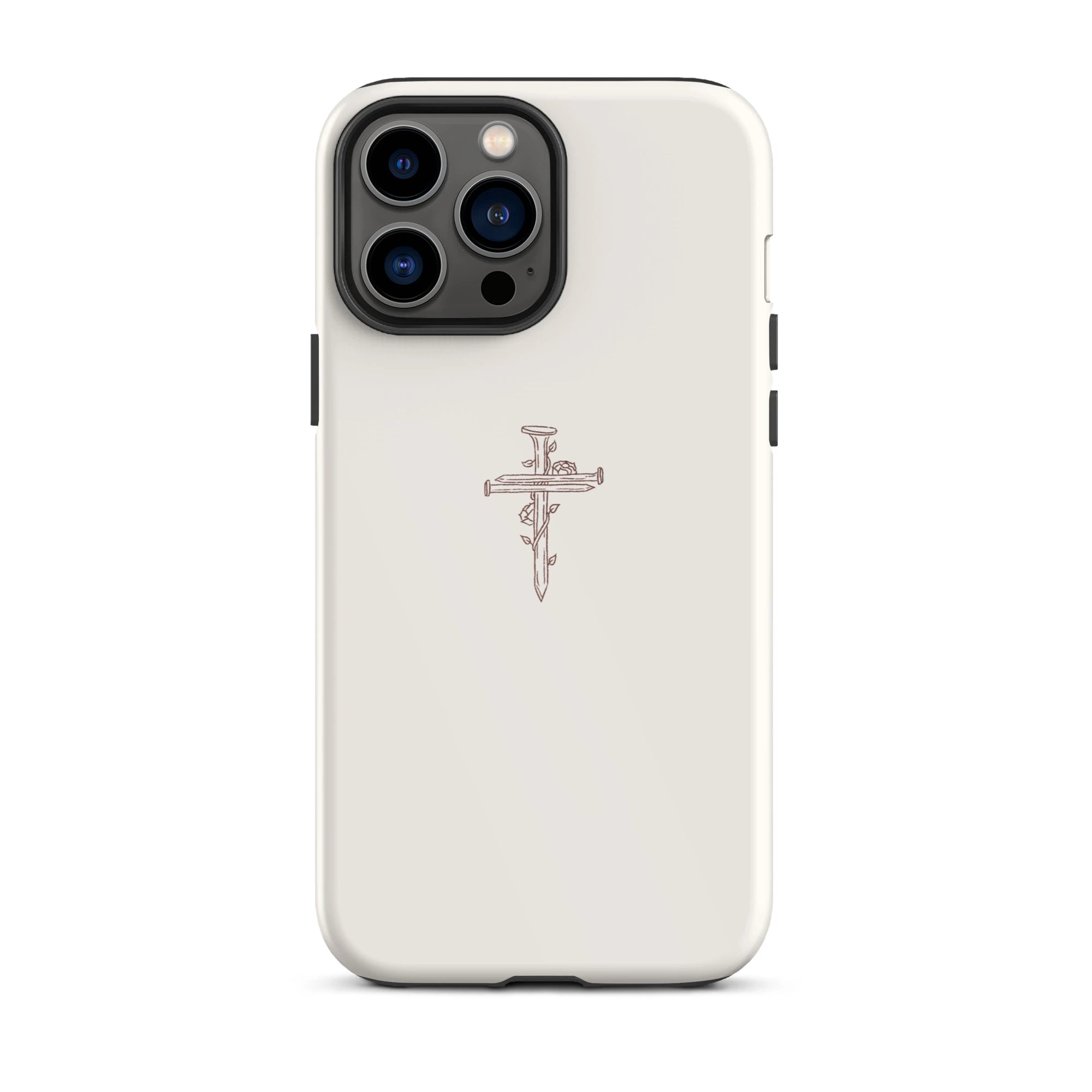 Close-up of a white iPhone case with a detailed nail cross enwreathed by a rose, signifying devotion and grace