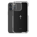 Transparent black Christian iPhone case with cross shown with iPhone 15 Pro Max.