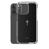 Transparent black Christian iPhone case with cross shown with iPhone 15 Pro Max.