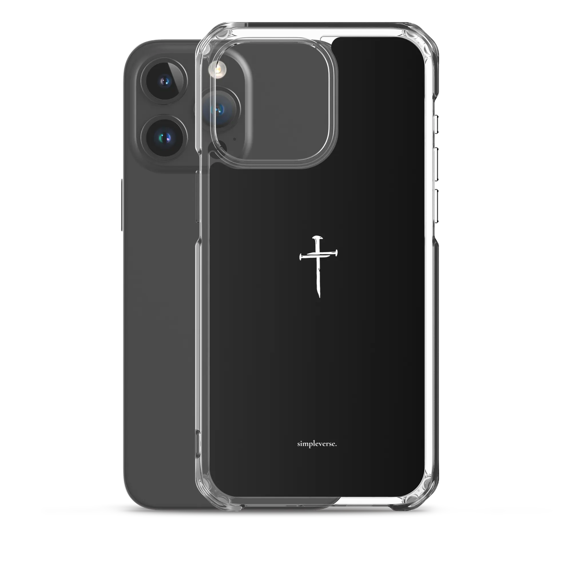 Transparent black Christian iPhone case with cross shown with iPhone 15 Pro Max.