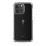 Clear black Christian iPhone case with cross on iPhone 15 Pro Max, back view.