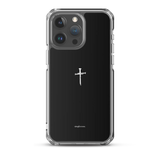 Clear black Christian iPhone case with cross on iPhone 15 Pro Max, back view.