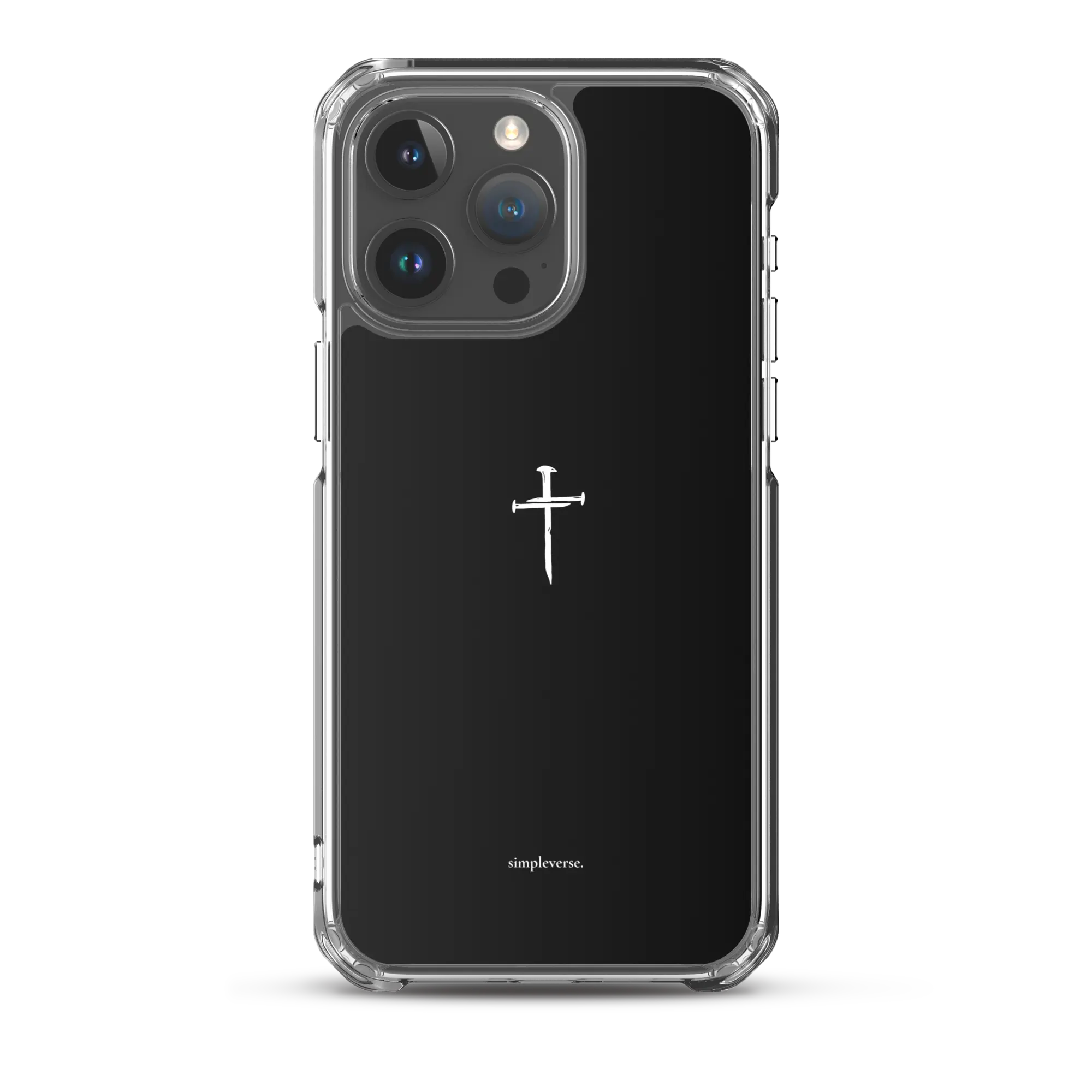 Clear black Christian iPhone case with cross on iPhone 15 Pro Max, back view.