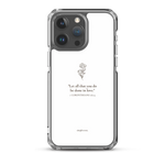 Clear white Christian iPhone case with “1 Corinthians 16:14” verse on iPhone 15 Pro Max, back view.