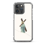 Clear white Christian iPhone case with “Carrying Faith” design on iPhone 15 Pro Max, back view.