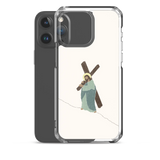 Transparent white Christian iPhone case with “Carrying Faith”, shown with iPhone 15 Pro Max.