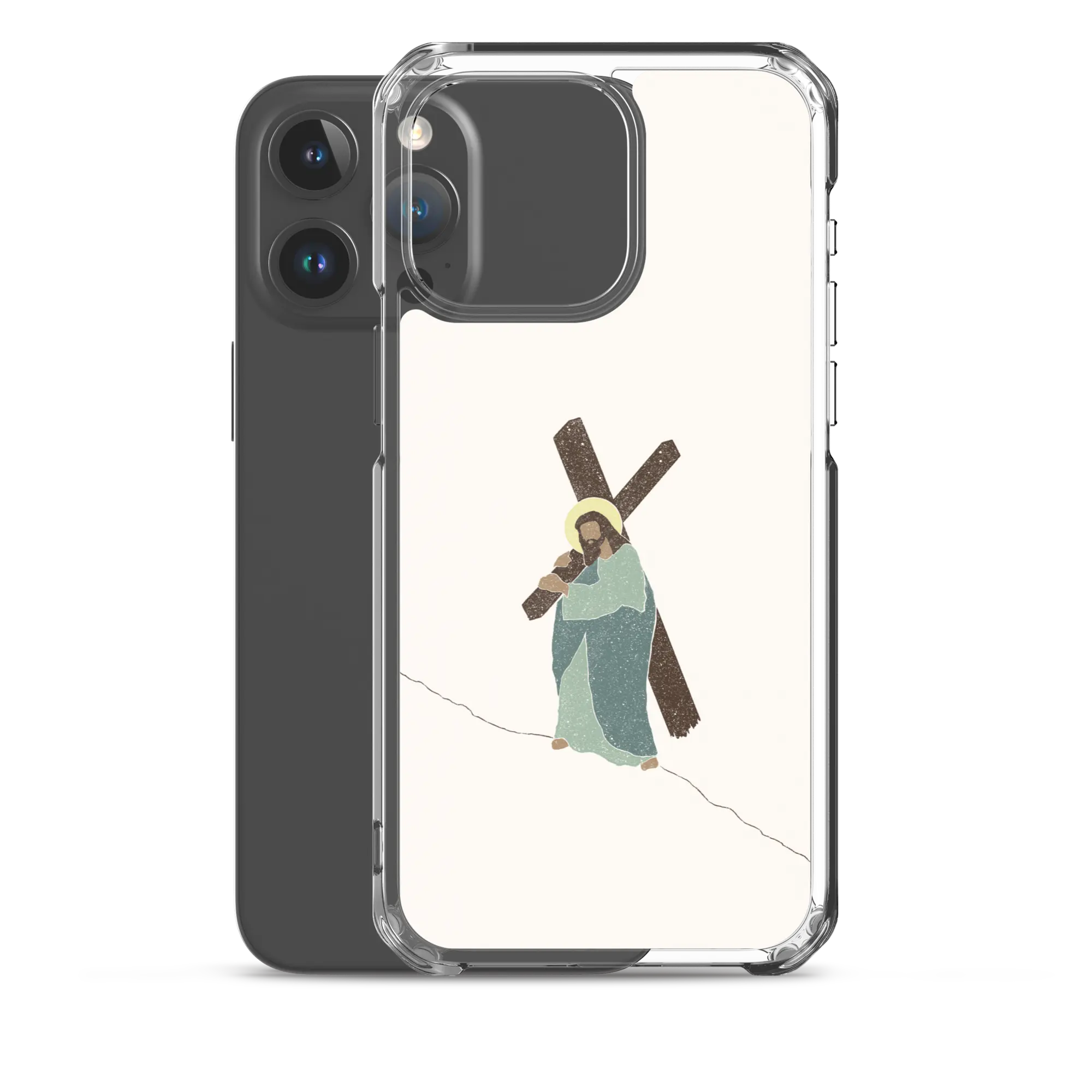 Transparent white Christian iPhone case with “Carrying Faith”, shown with iPhone 15 Pro Max.