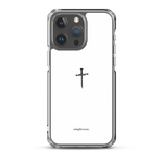 Clear white Christian iPhone case with cross on iPhone 15 Pro Max, back view.