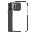 Transparent white Christian iPhone case with cross shown with iPhone 15 Pro Max.