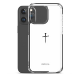 Transparent white Christian iPhone case with cross shown with iPhone 15 Pro Max.