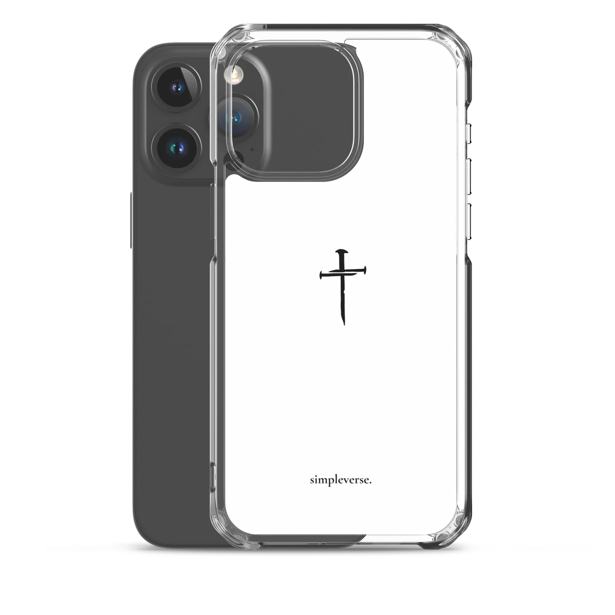 Transparent white Christian iPhone case with cross shown with iPhone 15 Pro Max.