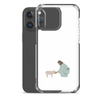 Clear white Christian iPhone case with Good Shepherd design, shown with iPhone 15 Pro Max.