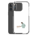Clear white Christian iPhone case with Good Shepherd design, shown with iPhone 15 Pro Max.