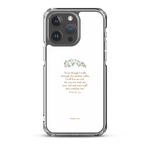 Clear white Christian iPhone case with Psalm 23:4 verse on iPhone 15 Pro Max, back view.
