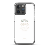 Clear white Christian iPhone case with Psalm 23:4 verse on iPhone 15 Pro Max, back view.