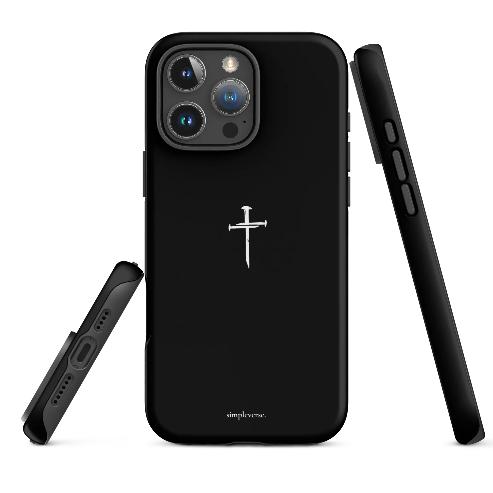 Tough matte black Christian iPhone case, angled side showing raised edges, 1 Corinthians 16:14, iPhone 16 Pro Max.