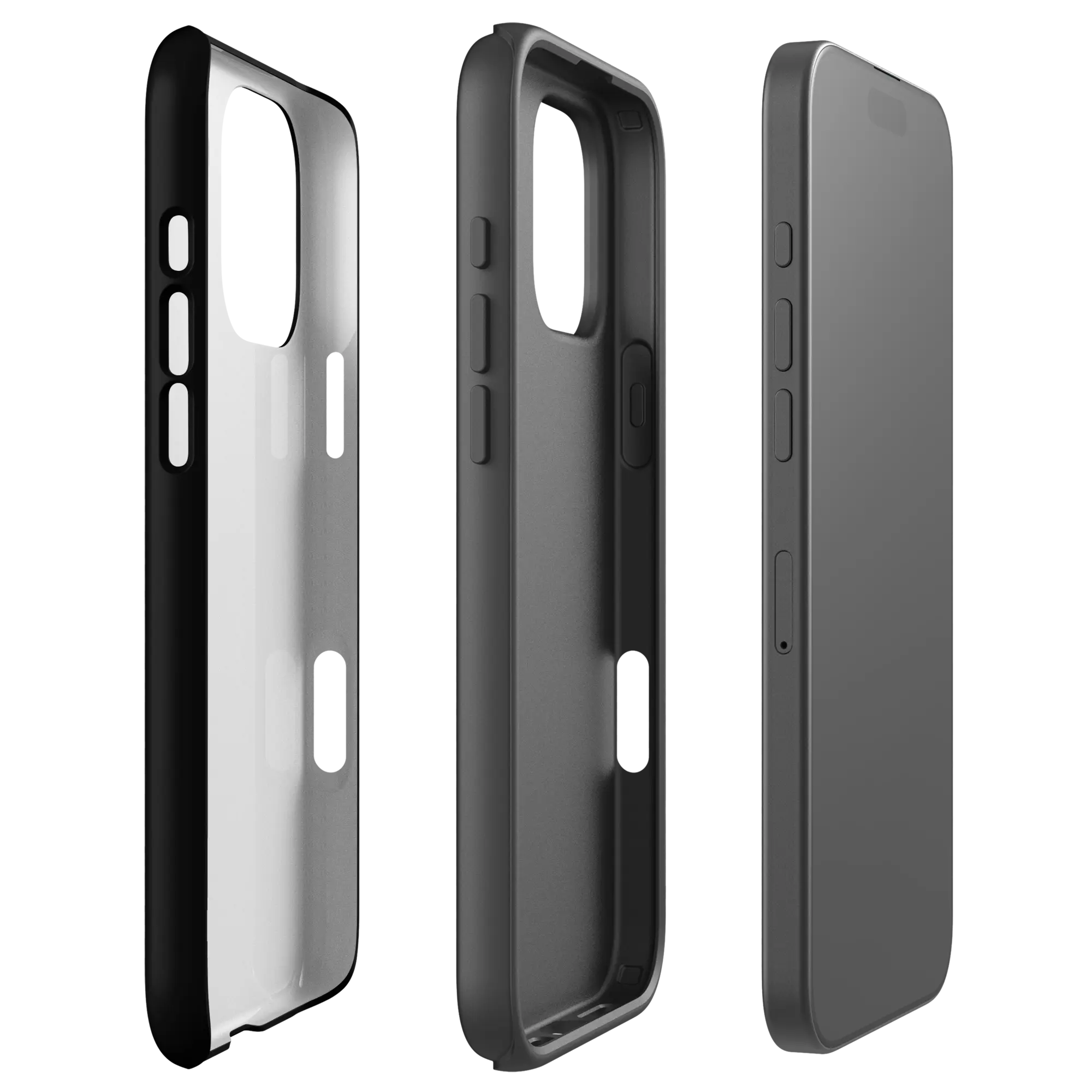 Exploded dual-layer view of tough matte black Christian iPhone case, 1 Corinthians 16:14, iPhone 16 Pro Max.