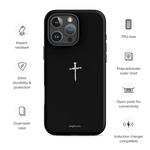Tough matte black Christian iPhone case, 1 Corinthians 16:14, feature icons, iPhone 16 Pro Max.