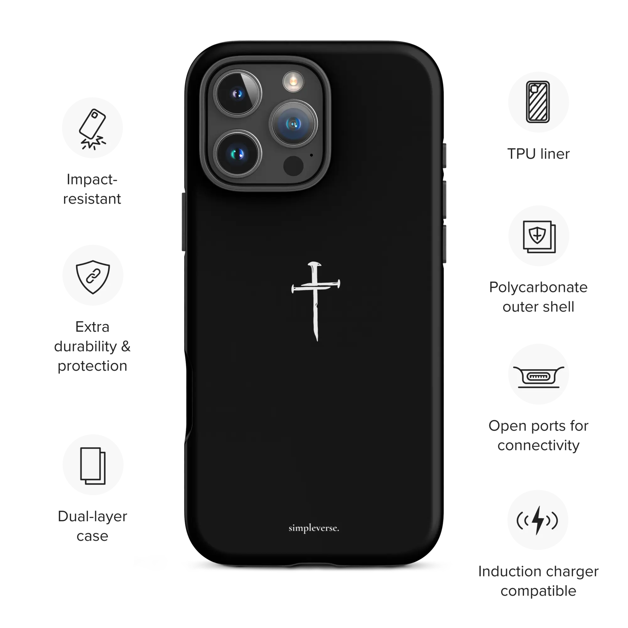 Tough matte black Christian iPhone case, 1 Corinthians 16:14, feature icons, iPhone 16 Pro Max.