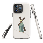 ough matte white Christian iPhone case, “Carrying Faith” design, angled side showing raised edges, iPhone 16 Pro Max.