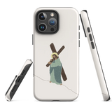 ough matte white Christian iPhone case, “Carrying Faith” design, angled side showing raised edges, iPhone 16 Pro Max.