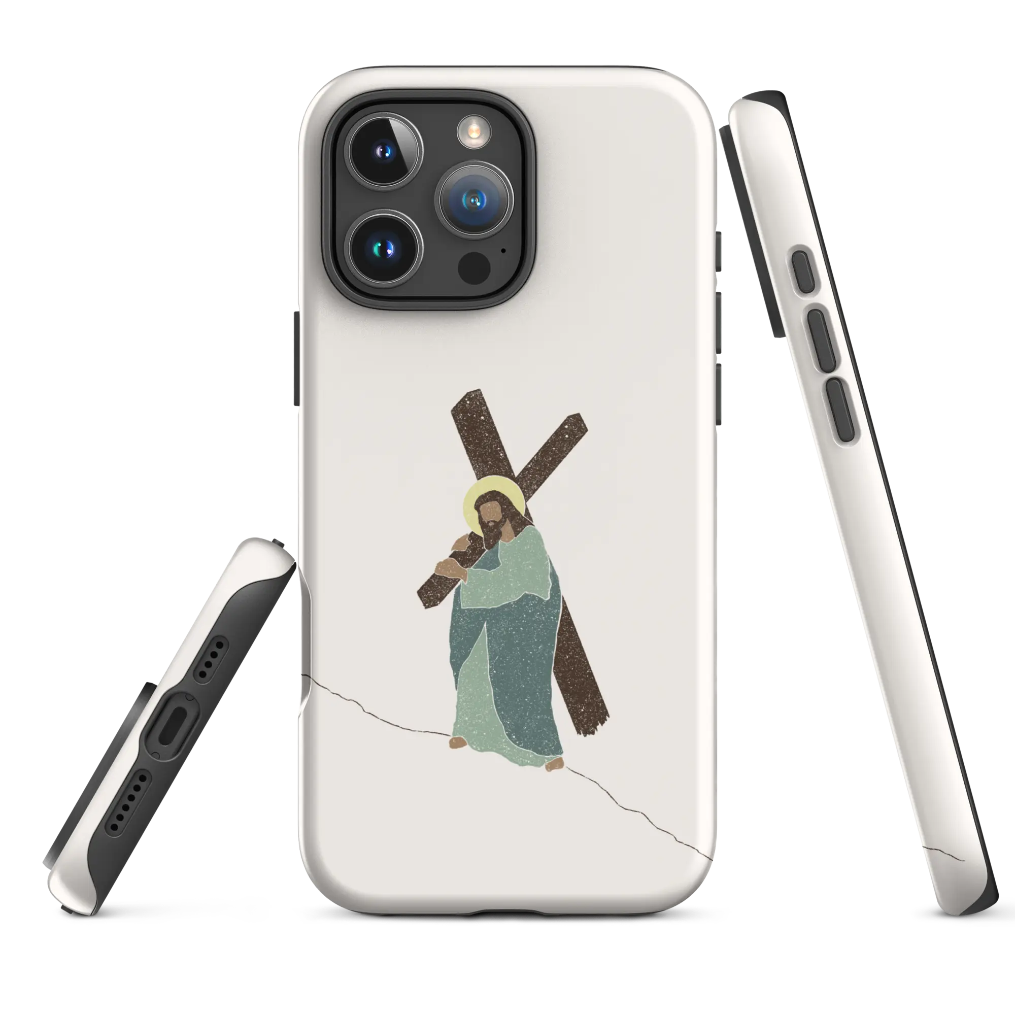 ough matte white Christian iPhone case, “Carrying Faith” design, angled side showing raised edges, iPhone 16 Pro Max.