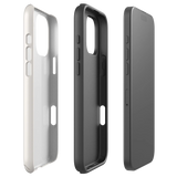 Exploded dual-layer view of tough matte white Christian iPhone case with “Carrying Faith”, iPhone 16 Pro Max.