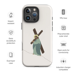 Tough matte white Christian iPhone case, “Carrying Faith” artwork with feature icons, iPhone 16 Pro Max.