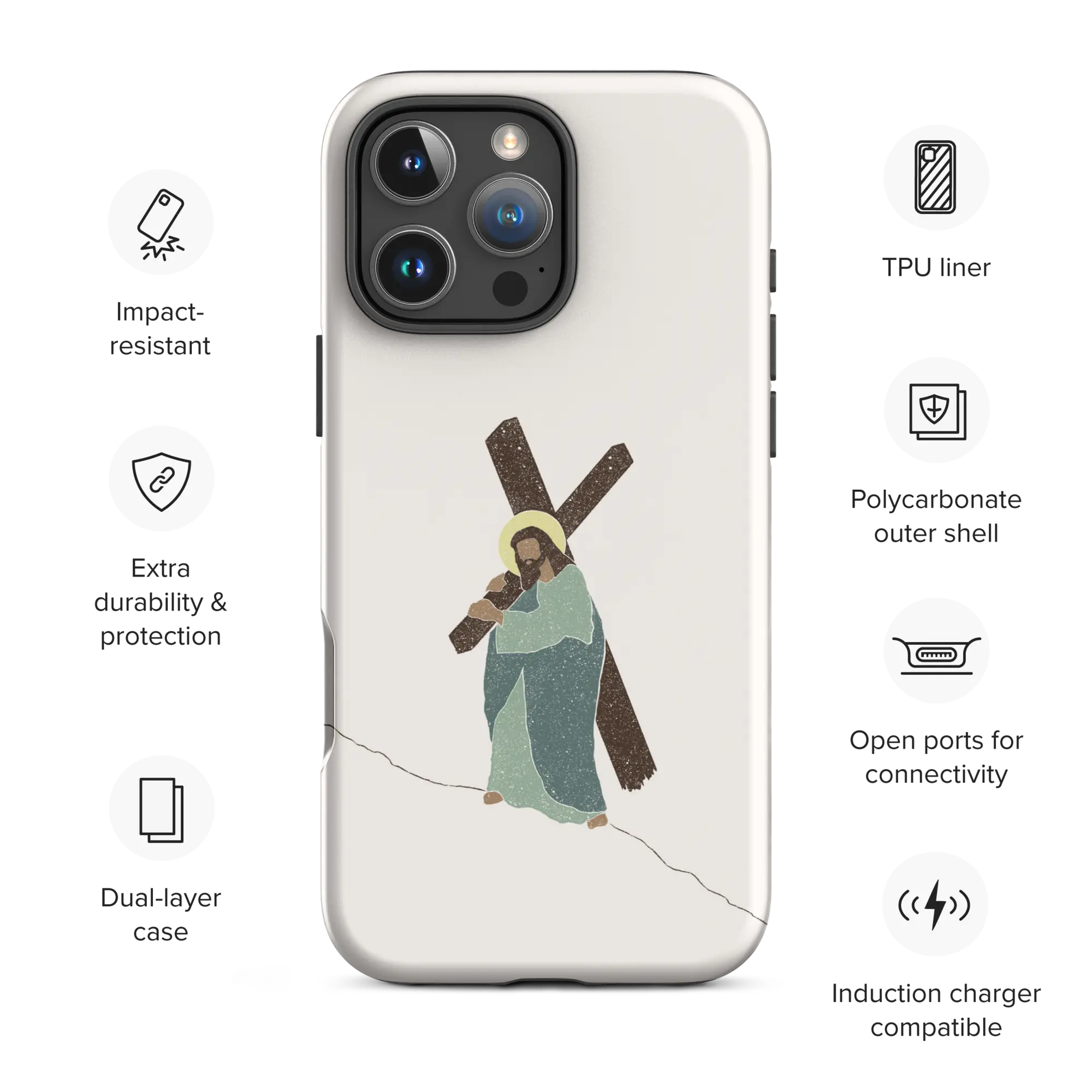 Tough matte white Christian iPhone case, “Carrying Faith” artwork with feature icons, iPhone 16 Pro Max.