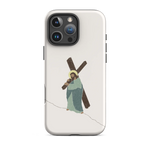 Tough matte white Christian iPhone case with “Carrying Faith” illustration, front view, iPhone 16 Pro Max.
