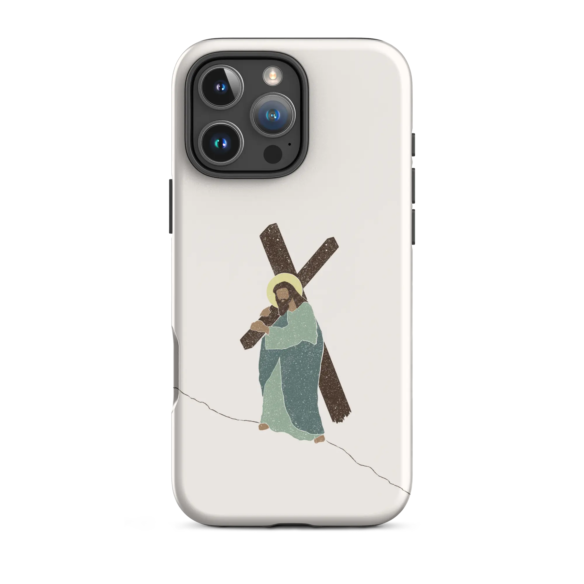 Tough matte white Christian iPhone case with “Carrying Faith” illustration, front view, iPhone 16 Pro Max.