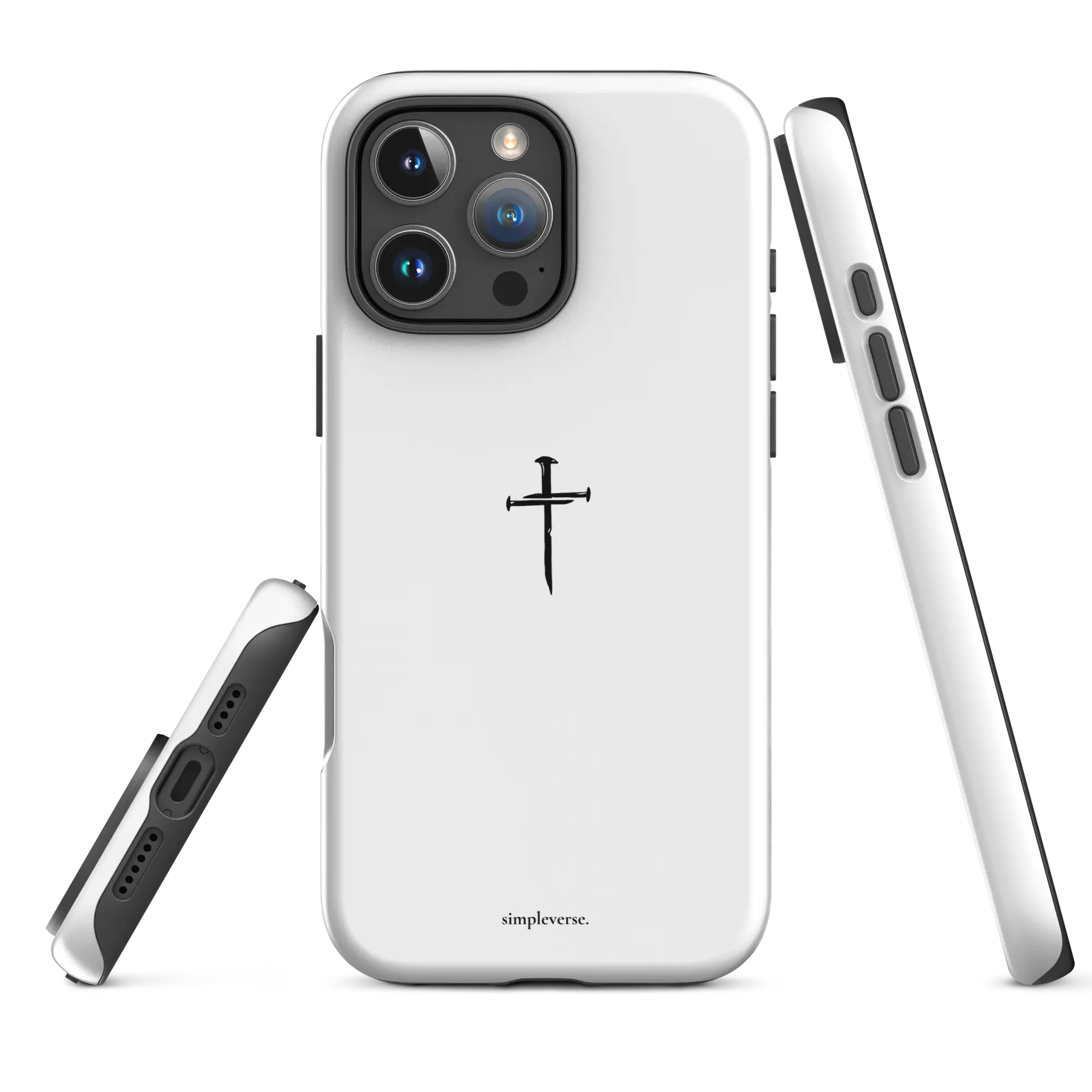 Tough matte white Christian iPhone case with cross, angled side showing raised edges, iPhone 16 Pro Max.