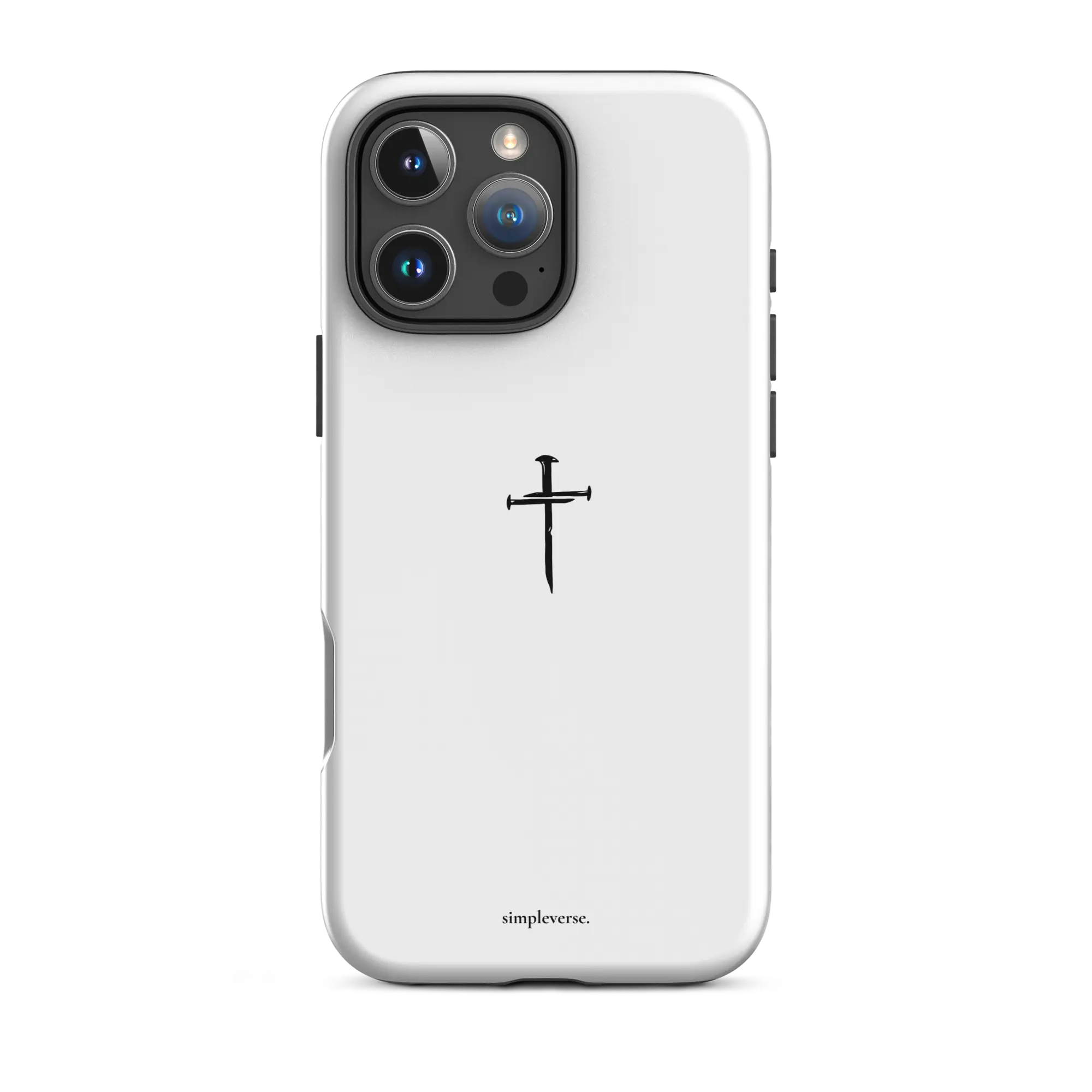 Tough matte white Christian iPhone case with cross, back view, iPhone 16 Pro Max