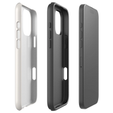 Exploded dual-layer view of tough matte white Christian iPhone case with “God is always with me”, iPhone 16 Pro Max.