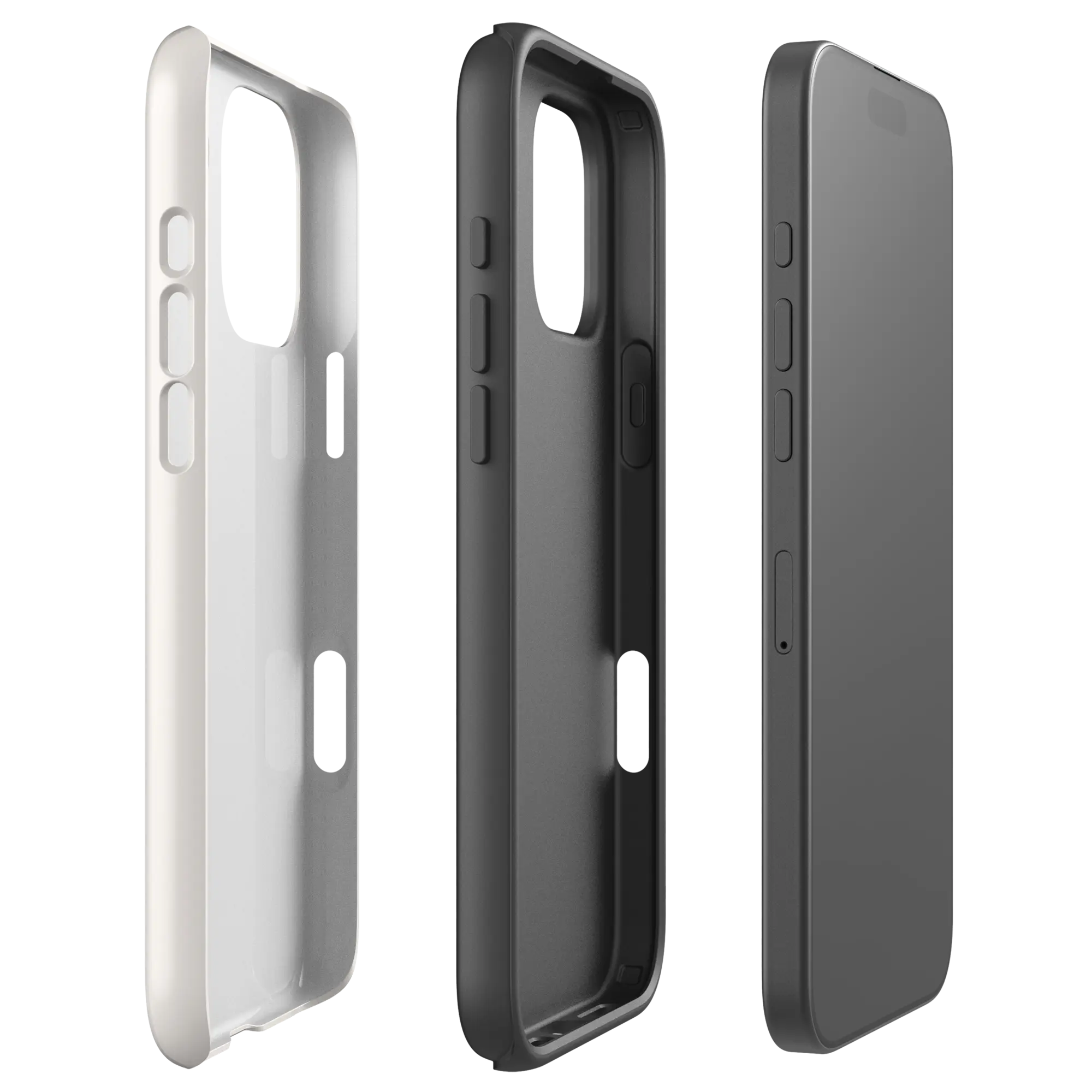 Exploded dual-layer view of tough matte white Christian iPhone case with “God is always with me”, iPhone 16 Pro Max.