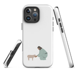 Tough matte white Christian iPhone case, Good Shepherd design, right-side angle, iPhone 16 Plus.