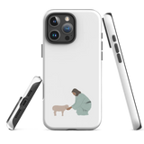 Tough matte white Christian iPhone case, Good Shepherd design, right-side angle, iPhone 16 Plus.