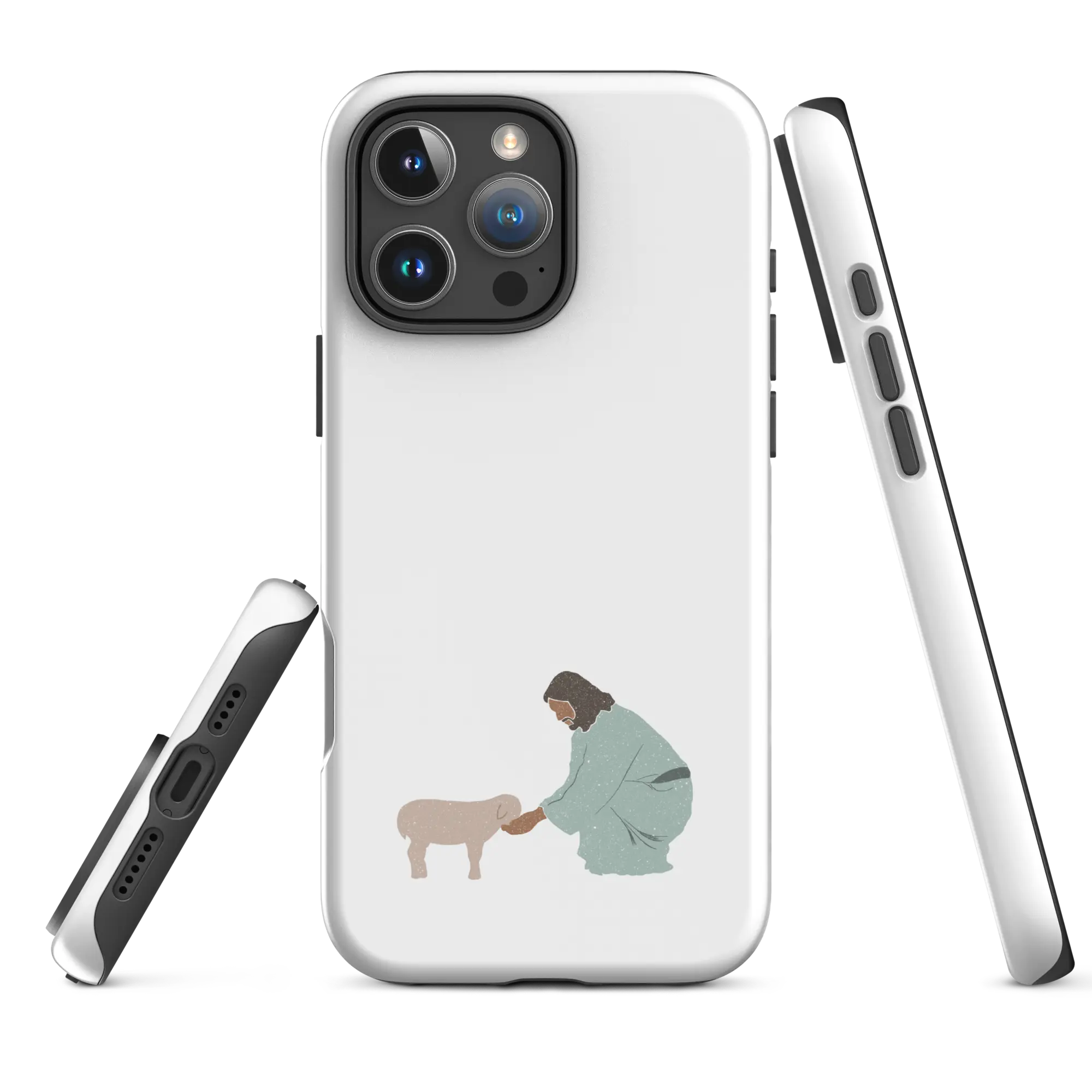Tough matte white Christian iPhone case, Good Shepherd design, right-side angle, iPhone 16 Plus.
