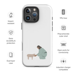 Tough matte white Christian iPhone case with Good Shepherd design and feature icons, iPhone 16 Pro Max.
