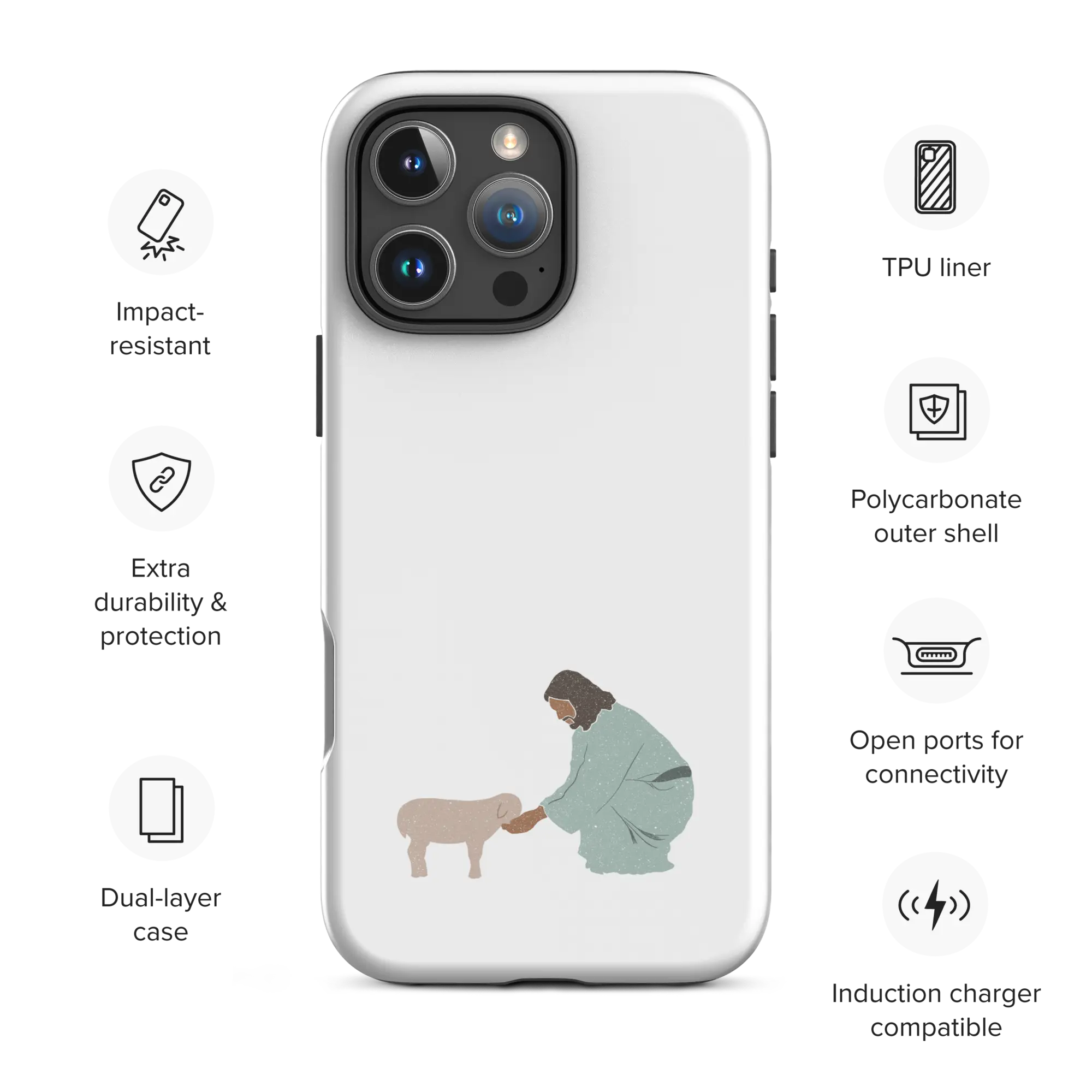 Tough matte white Christian iPhone case with Good Shepherd design and feature icons, iPhone 16 Pro Max.