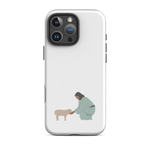 Tough matte white Christian iPhone case with Good Shepherd design, front view, iPhone 16 Pro Max.