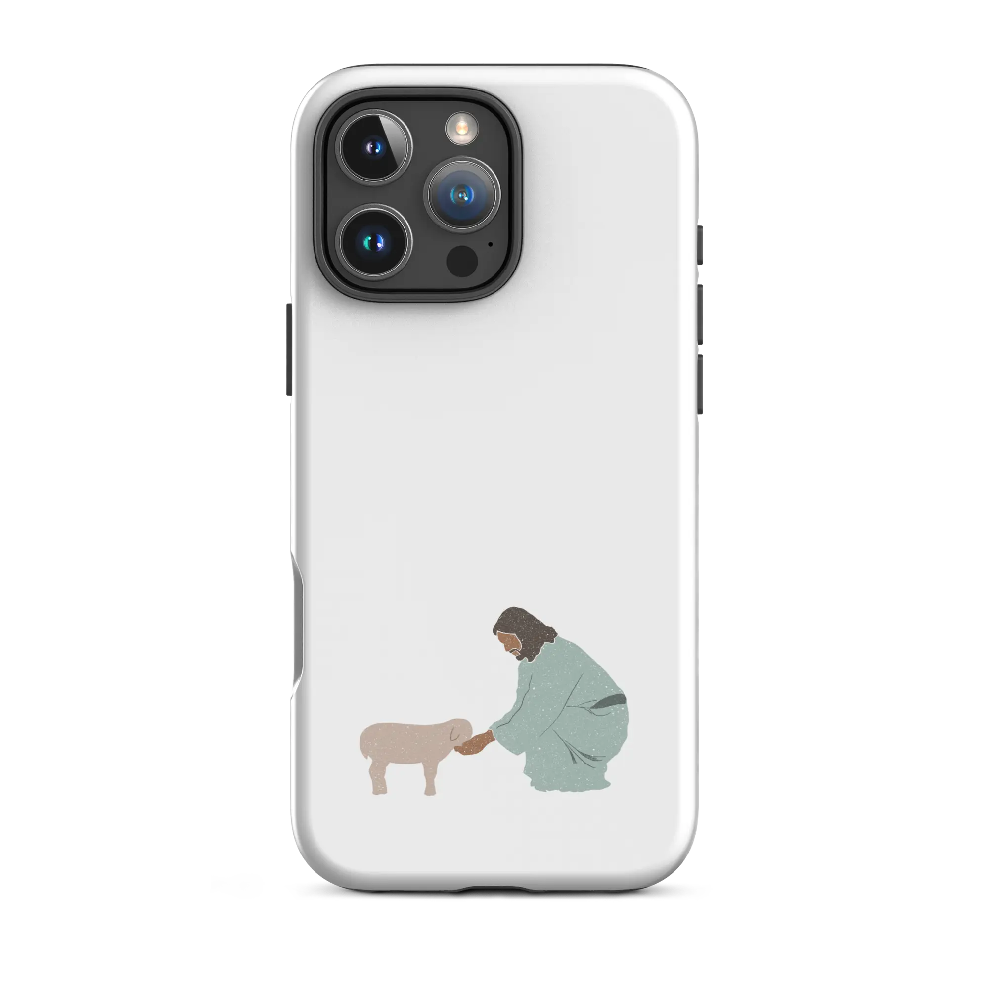 Tough matte white Christian iPhone case with Good Shepherd design, front view, iPhone 16 Pro Max.