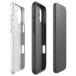 Tough matte white Christian iPhone case, Good Shepherd design, angled side view, iPhone 16 Pro Max.