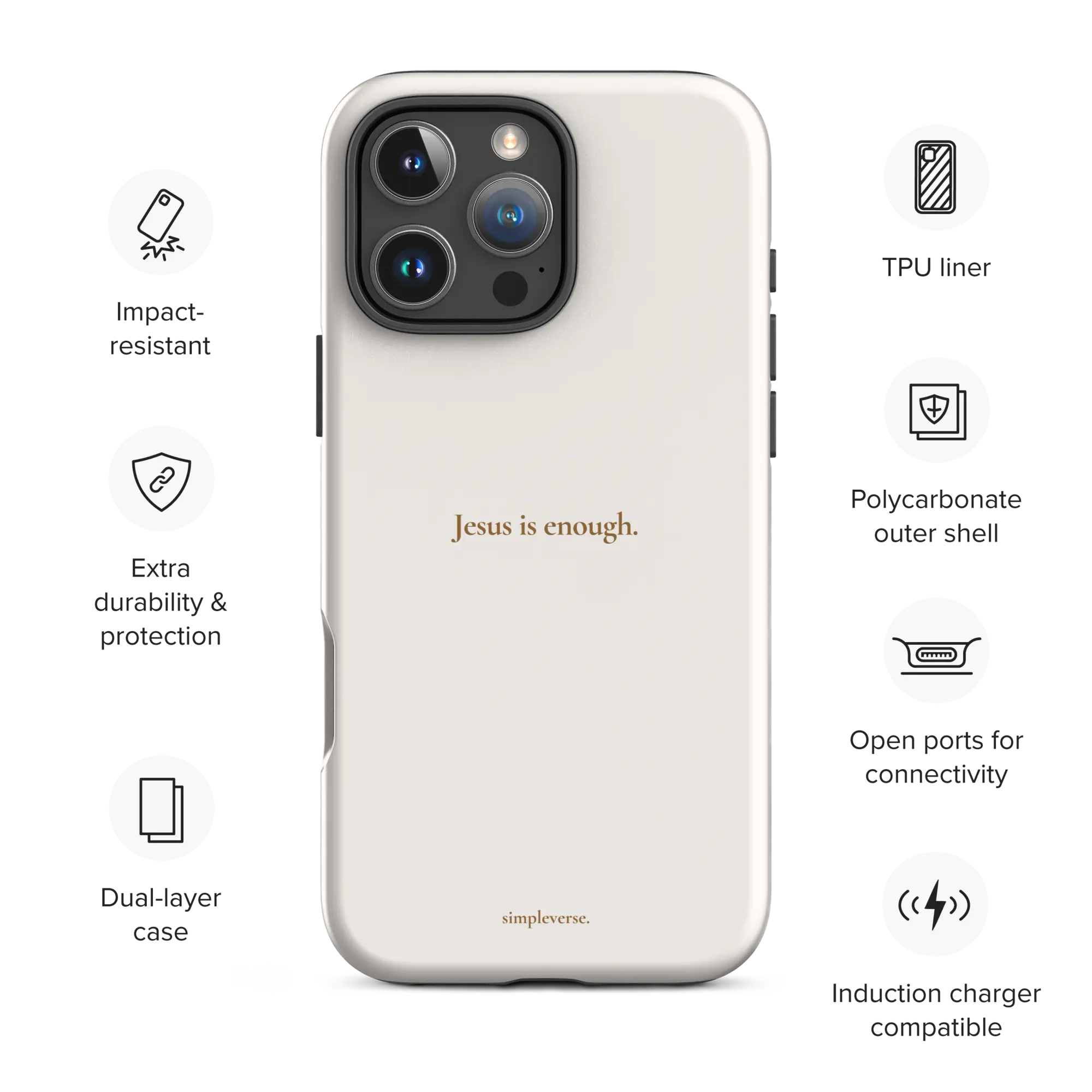 Tough matte white Christian iPhone case with “Jesus is enough” and feature icons, iPhone 16 Pro Max.