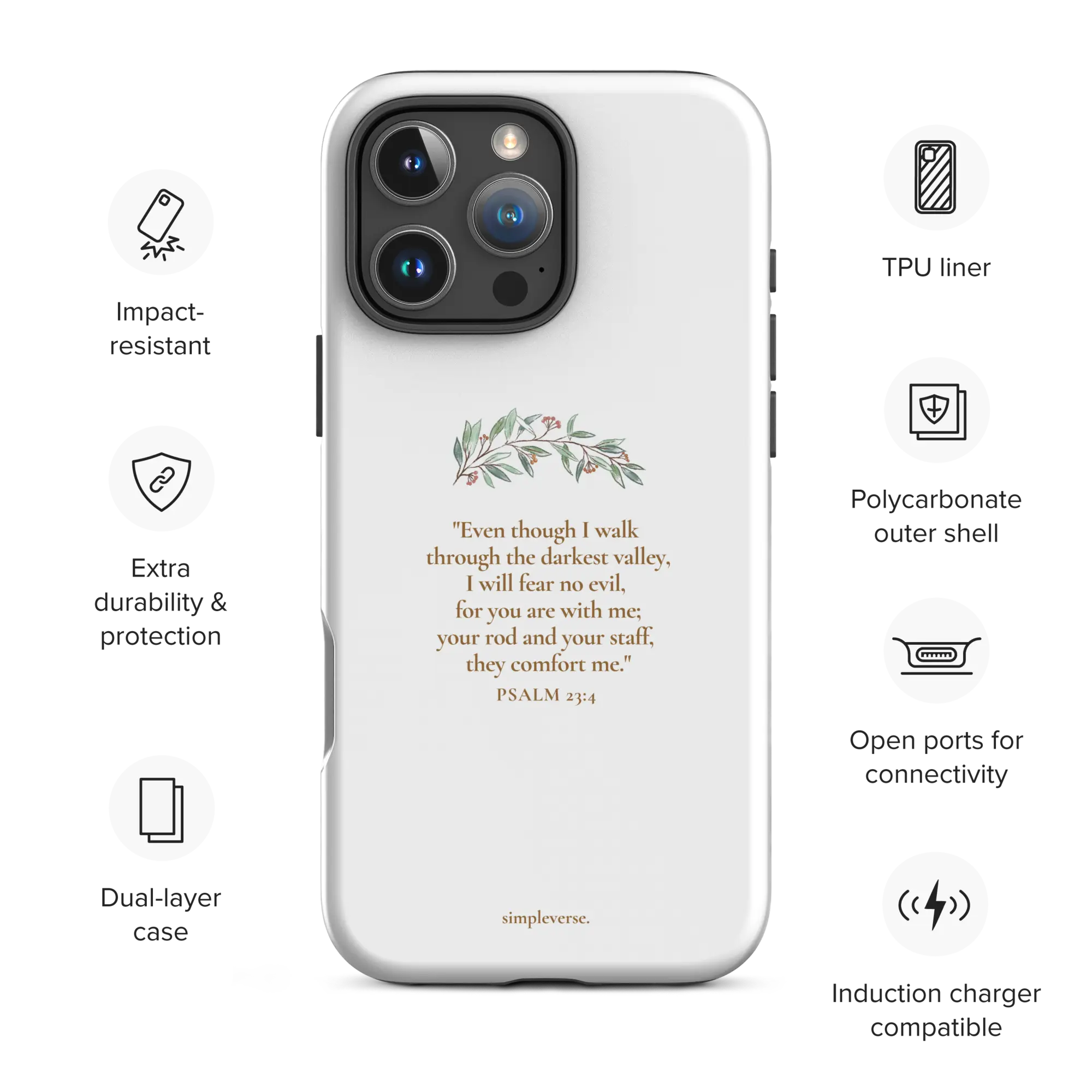Tough matte white Christian iPhone case with Psalm 23:4 and feature icons, iPhone 16 Pro Max.