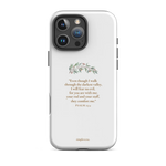Tough matte white Christian iPhone case featuring Psalm 23:4, front view, iPhone 16 Pro Max.