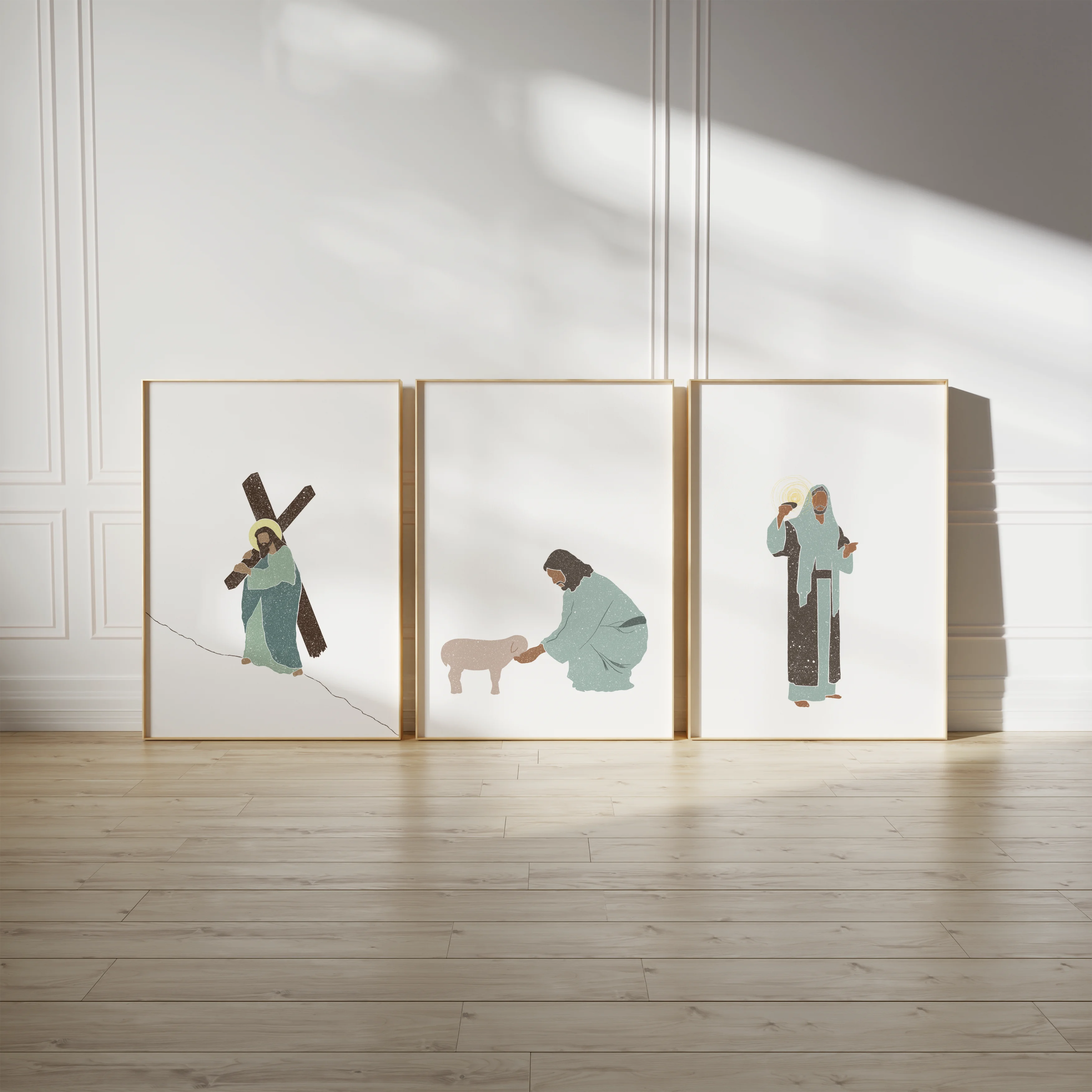 Gallery trio - Weight of Mercy, Light of the World, Good Shepherd. Christian Wall Art