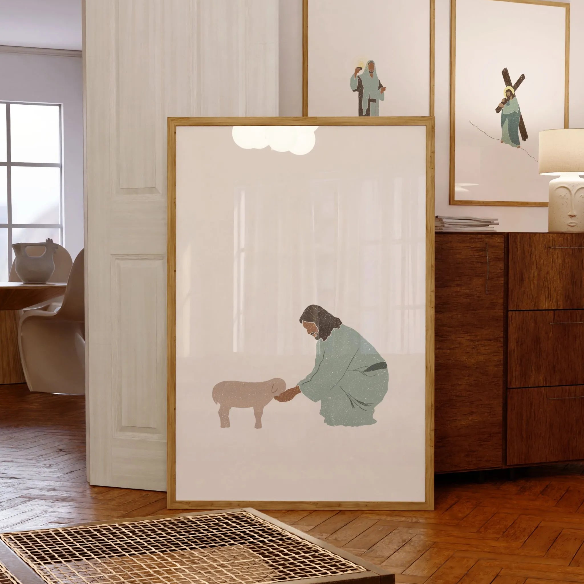 Good Shepherd framed Christian art on cozy console vignette.